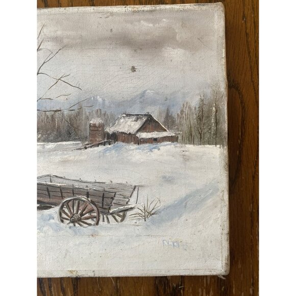 Vintage Winter Landscape Canvas Painting With Barn & Wagon Scene - Picture 4 of 8